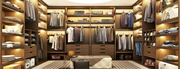 Large Modern Wardrobe With Clothes With Beautiful Shelf Lighting